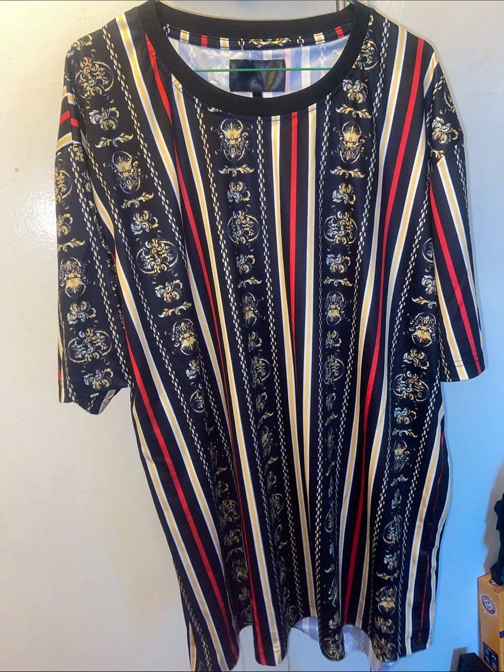 Black Striped Baroque Print Tee with Red & Cream Accents